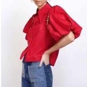 Red Puff Sleeve Rhinestone Embellished Button Down Shirt Pointed Collar Top